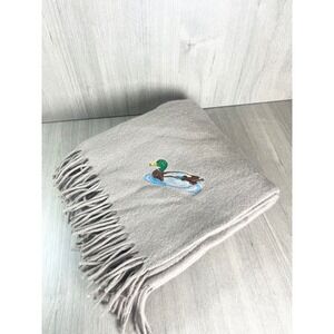 Faribo Pure Wool Throw Blanket Tan Embroidered Mallard Duck Fringe Made in USA